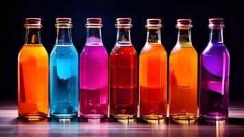 Six colorful bottles of liquid on a dark background photo