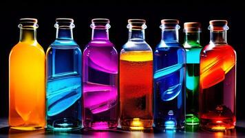 A row of colorful bottles with different colored liquids photo