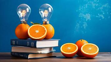 Orange light bulbs on books with orange slices photo