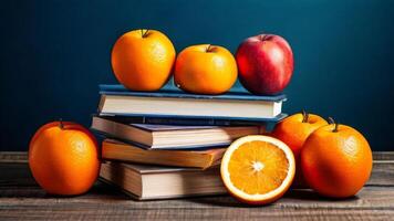 Books and oranges on a wooden table photo