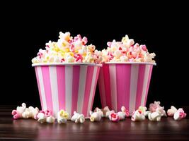 Two pink and white striped paper cups with popcorn photo
