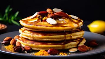 A stack of pancakes with nuts and almonds photo