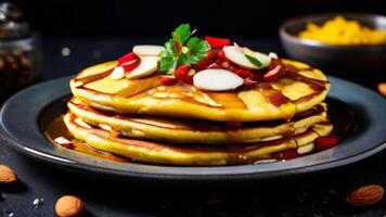 A stack of pancakes with almonds and syrup photo