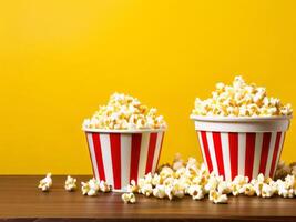 Two popcorn buckets on a yellow background photo