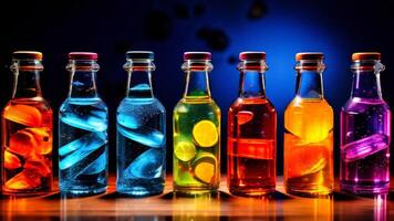 A row of colorful bottles with different colored liquids photo