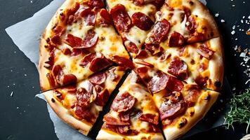 A pizza with pepperoni and cheese on a black background photo
