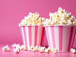 Two pink and white striped buckets with popcorn on a pink background photo