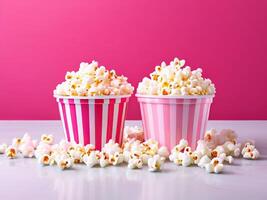 Two pink and white striped buckets of popcorn on a pink background photo