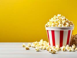 Popcorn in a red and white striped bucket on a wooden table photo