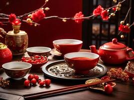 A table with red and white china dishes and chopsticks photo
