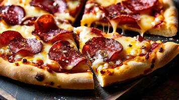A pizza with pepperoni and cheese on a wooden board photo