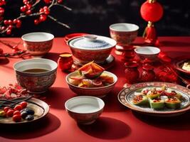 An asian style dinner table with various dishes photo