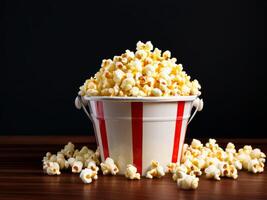 Popcorn in a bucket on a table photo
