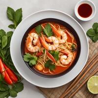 Thai food with shrimp and vegetables in a bowl on a white background photo