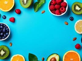 Fresh fruits and vegetables arranged in bowls on a blue background photo
