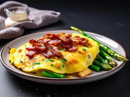 A plate with an omelet and asparagus photo