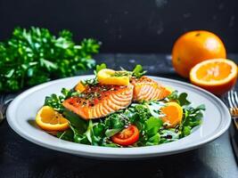Salmon with orange and greens on a plate photo