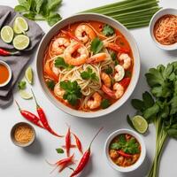 Thai food with shrimp and vegetables on white background photo