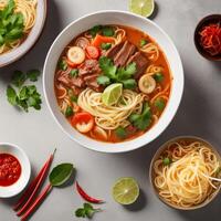 Thai beef noodle soup with noodles, beef, cilantro and lime photo