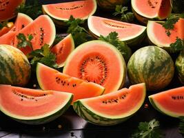 Watermelon slices on a black table with parsley photo