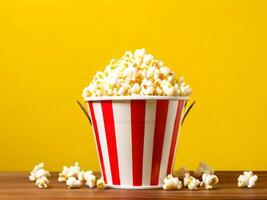 Popcorn in a bucket on a wooden table photo