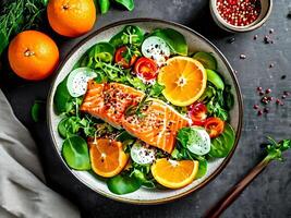 Salmon with orange and spinach salad on a dark background photo