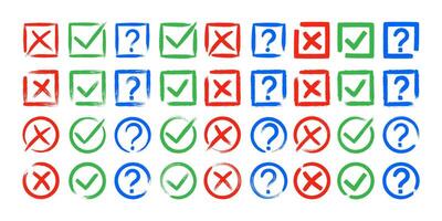 Dirty grunge cross x, tick OK and question check marks in check boxes, hand drawn with brush strokes illustration vector