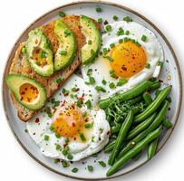 White Plate With Eggs, Green Beans, and Tomatoes photo
