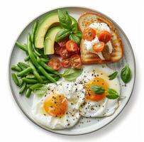 White Plate With Eggs, Green Beans, and Tomatoes photo