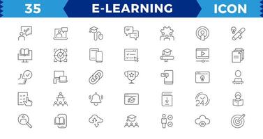 E-learning Pixel Perfect Black and White icon set. Online education Elements Outline icon set. Smart Learning. e-learning, E-Learning, Audio Book, zvideo courses, Graduation, Education Platform ideas vector
