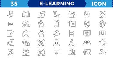 E-learning Pixel Perfect Black and White icon set. Online education Elements Outline icon set. Smart Learning. e-learning, E-Learning, Audio Book, zvideo courses, Graduation, Education Platform ideas vector