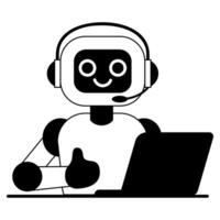 Cute robot in headphones showing thumbs up at the computer vector
