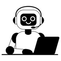 Cute robot in headphones works at the computer vector