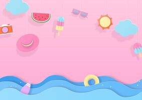 Paper summer elements and sea waves background vector