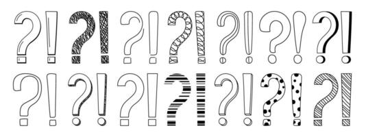 Doodle question and exclamation marks hand drawn sketch illustration set. vector