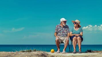 Elderly Couple Relaxing on Chairs by the Sea on a Sunny Day. space for text. photo