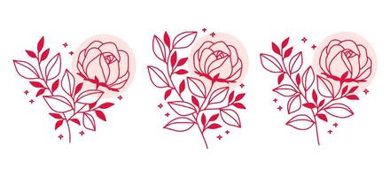 Feminine logo design templates in trendy linear minimal style. Peony, rose flowers and botanical leaf branch. Emblem, symbols and icons for cosmetics, jewellery, beauty and handmade products vector