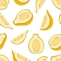 Half, slice, piece and whole yellow guava seamless tropic pattern for wrapping paper, packaging, fabric vector