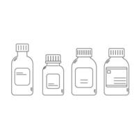 Set of linear pills bottles icons. Medicine containers with prescription label. Editable stroke vector
