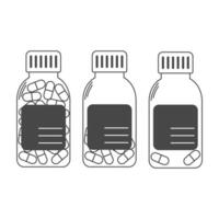 Set of full, half filled and empty plastic bottles with pills. Biologically active vitamins in container vector