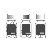Set of line art medical bottles icons with pills, full, half filled and with one tablet vector