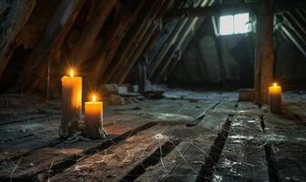 An old, cobweb-filled attic with flickering candles and mysterious shadows, with empty space on the left for text photo