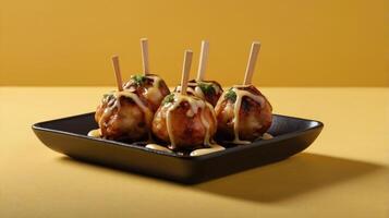 Takoyaki on a black plate with sauce on yellow background photo