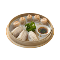 A plate with dumplings and sauce on without background png