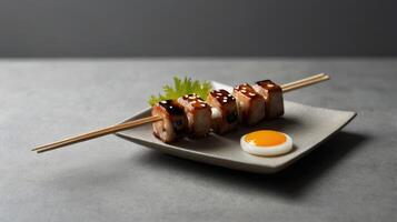 Sushi roll with eel and sauce on plate over grey background photo