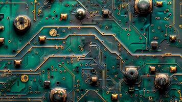 Old Green Circuit Board with Worn Copper Pathways. Vintage Tech, Electronics History, Retro Computing. photo