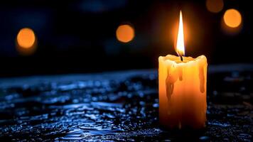 Candle Flame Glowing in Dark Ambiance. Tranquility, Hope Symbol, Warm Atmosphere. Copyspace. photo