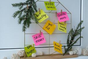 Dream board promises and aims. Preparation for new year new life new me. Visualizing wish list for 2025. Dreams plan action resolutions for coming year. Inspirational self improvement concept photo