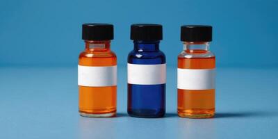 Three ampoules with medicine on a blue background photo