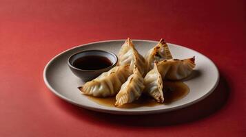 Traditional chinese dumplings with soy sauce on a red background photo